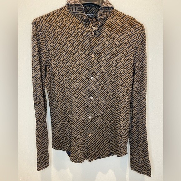 Murano Liquid Luxury Slim Fit Geometric Button Up Navy Blue Brown size M - Picture 13 of 13